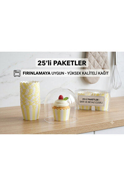 turkuaz parti 25'Lİ SARI ÇİZGİLİ CUPCAKE KABI,CUPCAKE KAPSÜLÜ
