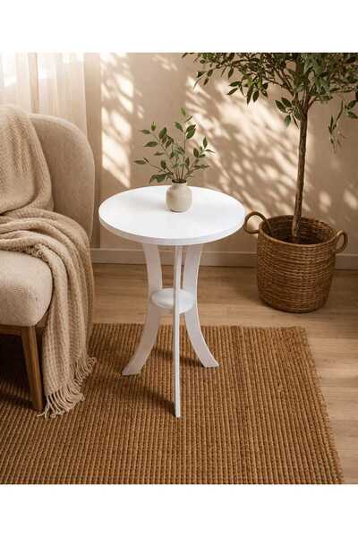 menalART Ağaç Tasarım Fiskos Beyaz Yan Sehpa 50 cm Çap - MDF ayak 60 cm Yükseklik Modern Zigon Yan Sehpa Beyaz