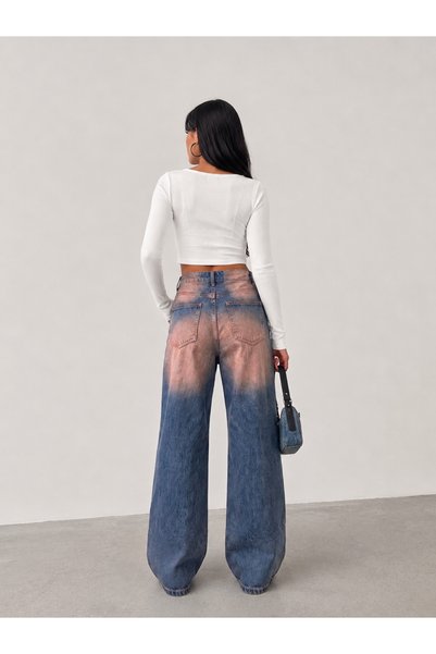SHEVEGA Milano Yüksek Bel Tint Yıkama Nakış Detaylı Baggy Jeans Salaş Kot Pantolon