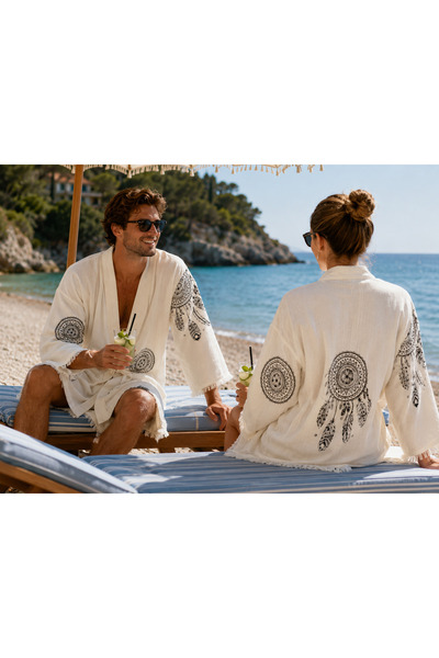 AQUATOLIA Muslin Dream Closer Bathrobe - Stone Print 100% Cotton- Sea-Spa-Poo...