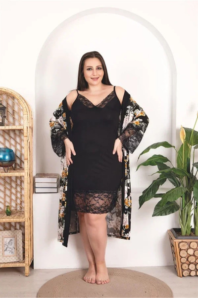 SS HOME CONCEPT Plus size floral lace embroidered 2-piece viscose black night...