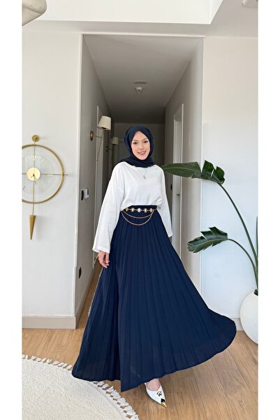 NİLNUR MODA تنورة ميدينا حريرية مطوية وواسعة من نيو سيزون (الحزام الذهبي هدية)