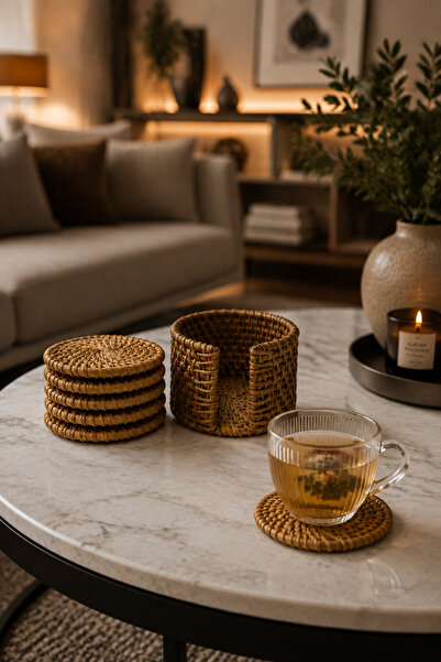 NATUREL DEKOR Rattan Boxed Set of 6 Coasters 8 Cm, Bohemian, Modern, Bamboo, ...