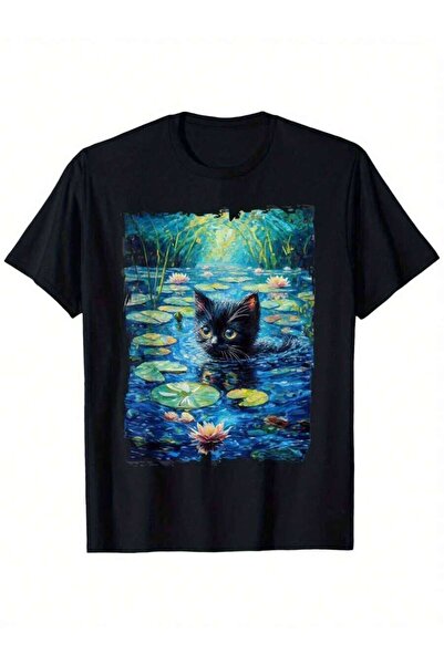 21JNRY Monets Black Cat Waterlily Loose Style New Unisex Short-Sleeved T-Shir...