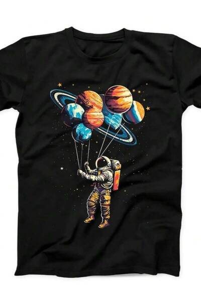 25W Astronaut In Planets Balloons Solar System Funny Black T Humorous Apparel, Everyday Tee, Quirky Graphic, Space Theme, Durable Material, Breathable Fabric, Round Neck Top, Short Sleeve Shirt, Gift For