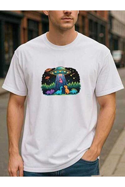 25W UFO Captures Dinosaurs - This Quirky Sci-Fi Style Cotton Printed T-Shirt ...