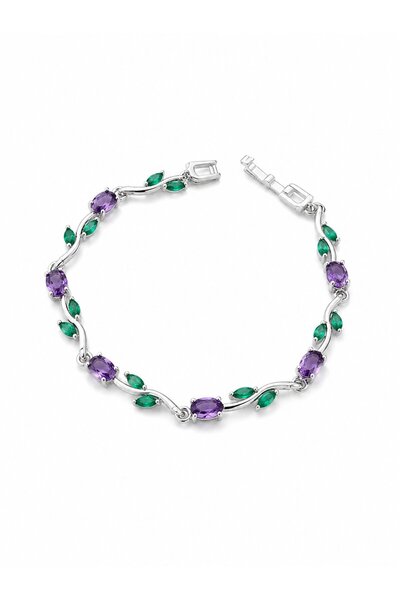 Generic Brand Purple Zircon Stone Flower Model Silver Brass Women's Bracelet
