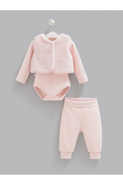 Caramell Baby Girl 3-Piece Set Pink Plush Vest, Quilted Bottoms, Long Sleeve ...