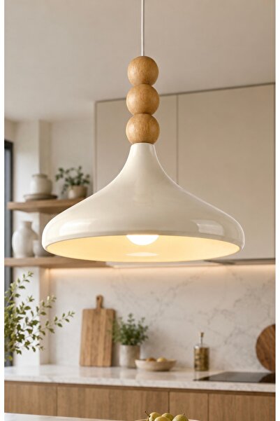 burenze Melrose Modern Tasarım Ahşap Detaylı Sarkıt Avize Boheme Iskandinav Tarz Krem Metal 35 Cm