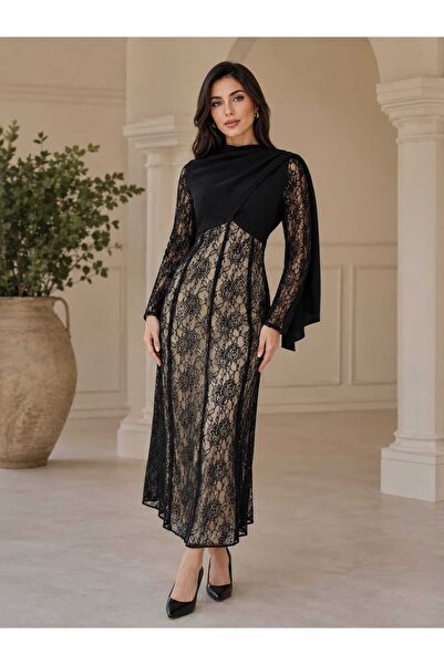 hawaa closet فستان نسائي ميدي دانتيل بلون اسود