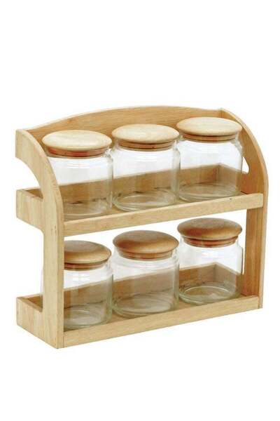 Quality Wood 6-Piece Rubberwood & Glass Spice Jar Set With Air-Tight Seals Wi...