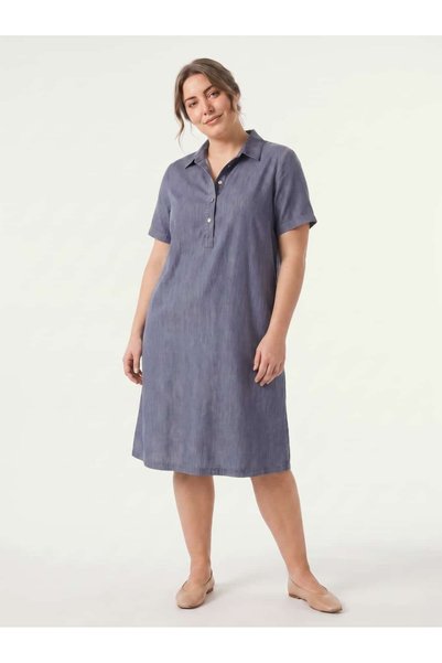 STORi Women's Plus Size Shirt Dress Tencel Short Sleeve Buttoned Summer Navy Blue