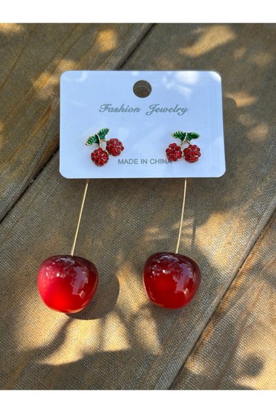 MODA Cherry Figured Dangle Women's Earrings with Red Stones Gold Color Summer Trend Earrings