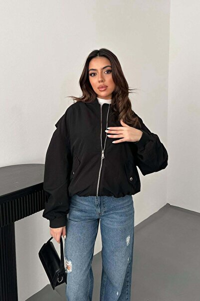 Clothes Fast سترة نسائية سوداء اللون بجيوب مزودة بسحاب وأكمام طويلة ومقاس عادي