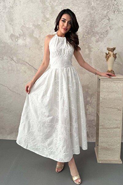 Clothes Fast فستان ماكسي نسائي من القطن المطرز بتصميم هالتر وياقة على شكل حرف V