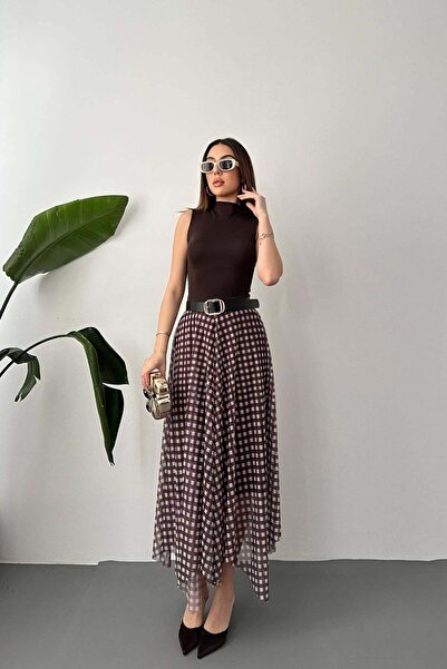 Moda Days تنورة نسائية بنية منقوشة مبطنة من التول غير متماثلة بطول متوسط على ...