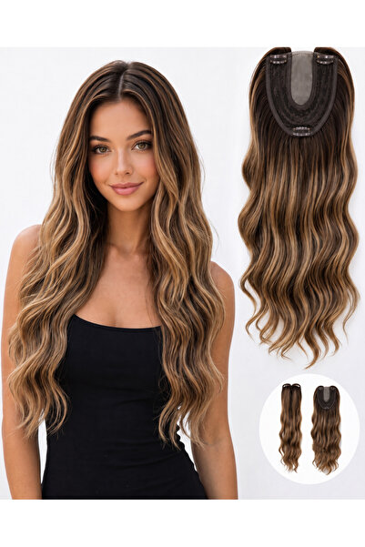 Lulu Bella Kadın Kumral Balyajlı 60 cm Tül Tepelik Dalgalı Çıtçıtlı - 1. Kali...