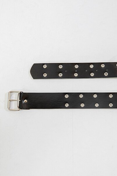 Clothes Fast Women's Black Leather Belt with Double Row Metal Eyelet Buckle 1...