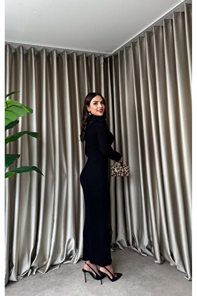 Clothes Fast Women's Black - Black Long Knitwear Dress with Zipper Collar, Sl...