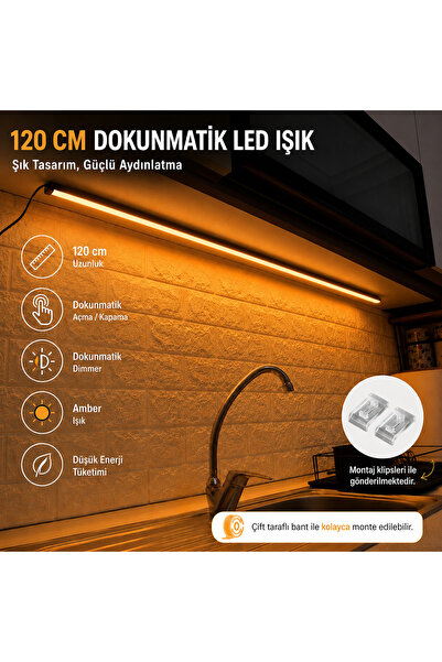 ÖZER LİGHT 120 cm Dokunmatik Mutfak Tezgah Üstü LED Işık Dimli Amber ışık Siy...