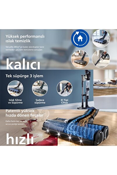 Philips 9000 Serisi AquaTrio Kablosuz Dikey Süpürge, Otomatik Temizleme ve Şa...