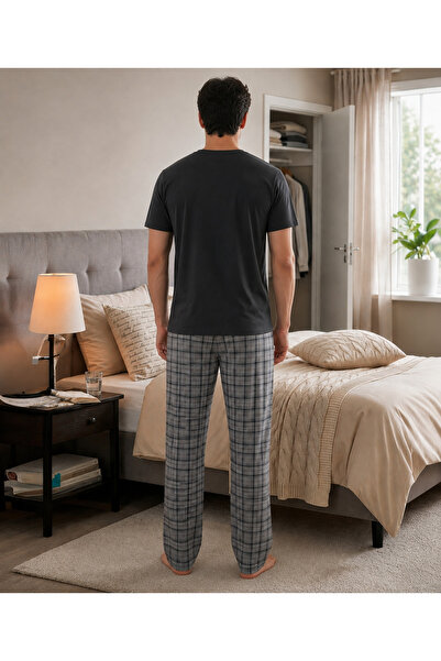 Pijamask Erkek Siyah Kısa Kollu Ekose Pantolonlu Pamuklu Pijama Takımı Cep Detaylı Rahat Ev Giyim