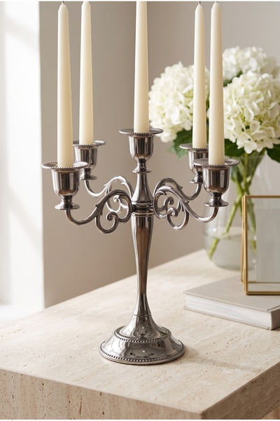 RASHA COLLECTION 5 Kollu Metal Şamdan Gümüş Renk Dekoratif Mumluk