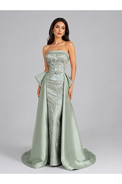 ranin Gray Mikado Evening Dress with Embroidered Cowl Tail