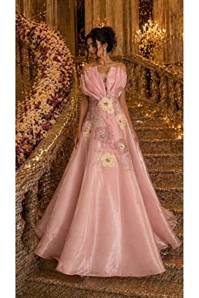 ranin Beige Evening Dress with Double Clouche Embroidery Gazar