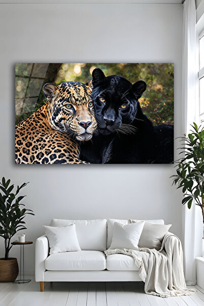 Parıltı Yayınları Tablou din sticlă cu panteră și leopard, imprimare UV, deco...