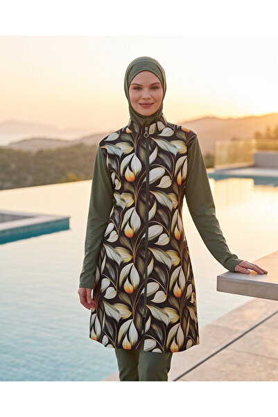 Hirazenmoda ملابس سباحة نسائية مغلقة بالكامل بتصميم أوراق الشجر الكاكي مع سحا...