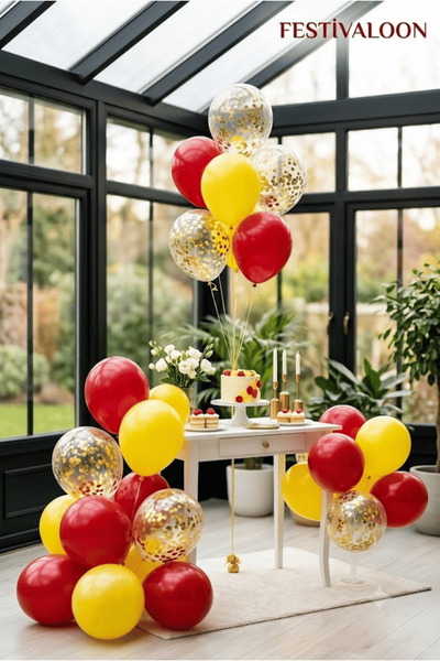 FESTİVALOON 20’li Kırmızı Sarı Gold Konfetili Şeffaf Balon Seti 11 İnç Doğum ...