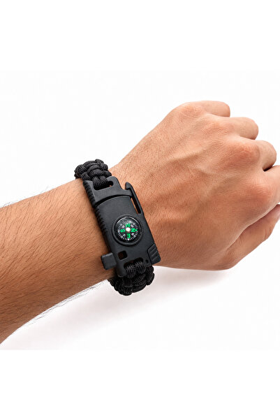 Silyon Askeri Giyim Black Color Compass Magnesium Rod Whistle Paracord Bracelet