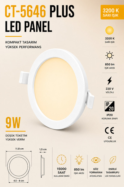 Yenilig CT-5646 Plus LED Panel 9W Sarı Işık 3200K Yuvarlak Sıva Altı LED Spot...