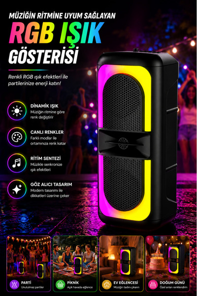 Omaze Bluetooth Hoparlör Karaoke Kablolu Mikrofonlu Taşınabilir RGB Işıklı Şarjlı TWS Stereo Ses Sistemi