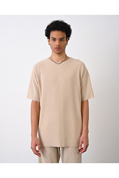 duo fideles Men's Self-Fine Line Detailed Crew Neck T-Shirt