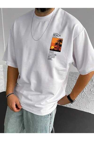 Urban Look Unisex White Oversize Palm Tree Patterned Summer T-Shirt