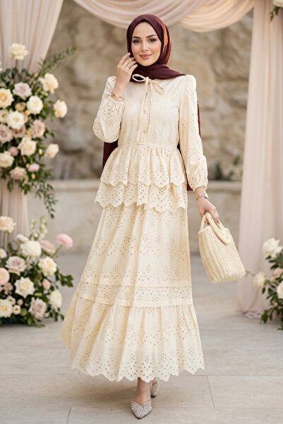 Neva Style Set cu volane stratificate, detaliu brodat, bej, pentru hijab 5027...