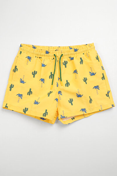 MARKAPIA Men's Yellow Mesh Cactus Patterned Swim Shorts with Pockets