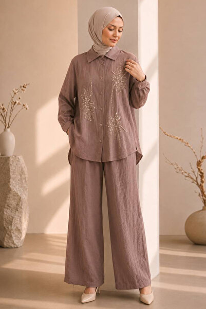 Neva Style Çiçek Nakışlı Zara Saten Vizon Tesettür İkili Takım 15695V