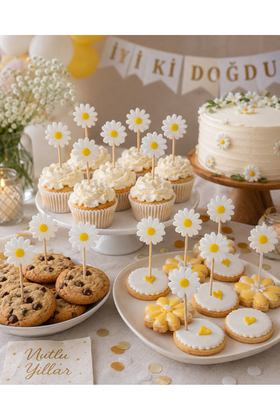 GEDİZ PRİNTER 10 Adet Papatya Kürdan Süs – Cupcake, Pasta ve Kurabiye Dekoru ...