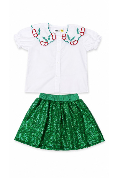 Dükkan Artı Girl's Cherry Embroidered Shirt Green Sequin Skirt Set