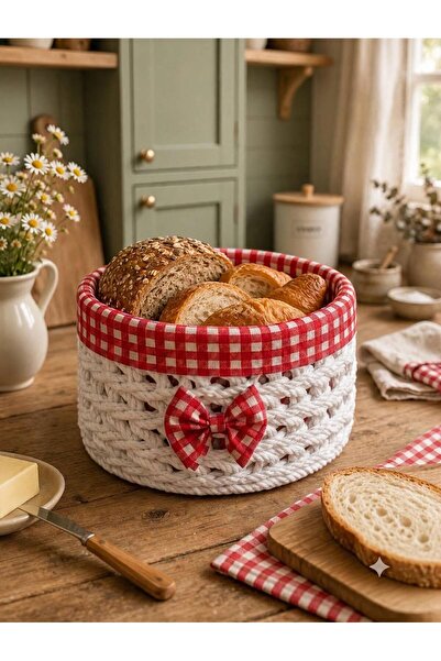 Bohem studio White Knitted Bread Bowl - with Red Bow Detail