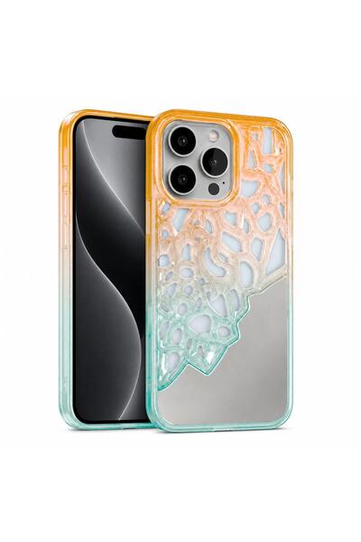 Zebana Apple iPhone 14 Pro Max Uyumlu Kılıf Lace Mirror Silikon Kılıf Turuncu