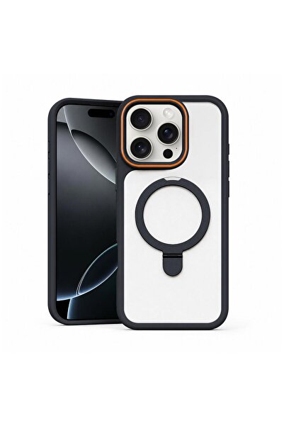 Zebana Apple iPhone 12 Pro Max Uyumlu Kılıf MagRing Standlı Silikon Kılıf Siyah