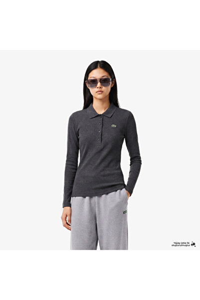 Lacoste L.12.D Kadın Slim Fit Uzun Kollu Gri Polo