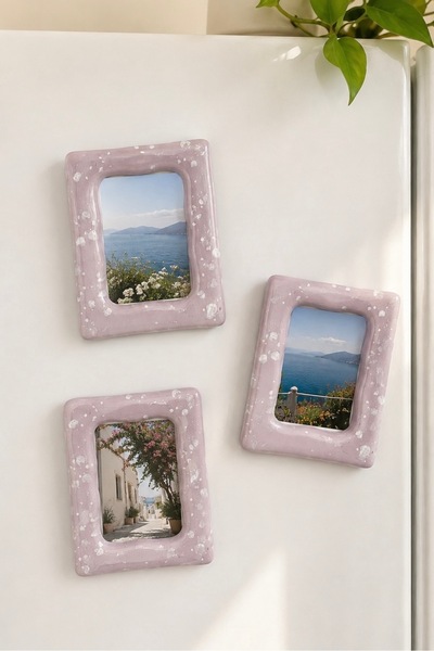 Satürn Atölye Artistik Lila Seramik Çerçeve Magnet Seti | 3'lü El Yapımı Foto...