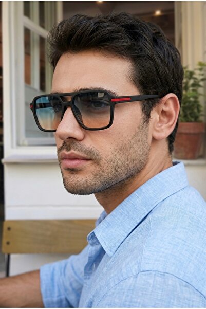 Eyesofia Shadow Men's Black Red Detailed Rectangular Ultra Light Uv400 Filtered Luxury New Season Popular Men's Sunglasses