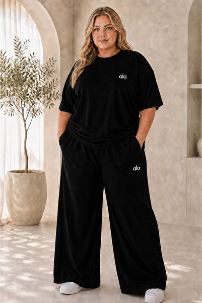 PENTHİLUS Plus Size Women's T-Shirt Loose Wide Leg Printed Pants Casual Two-P...