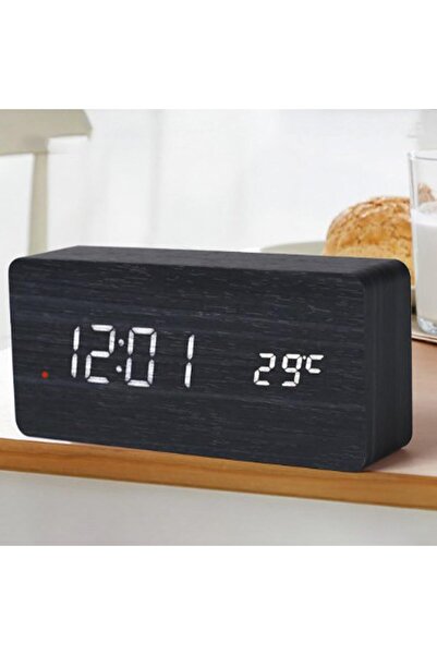 STARSTAR Wooden LED Alarm Clock Black Brown MDF PVC Temperature Humidity Disp...